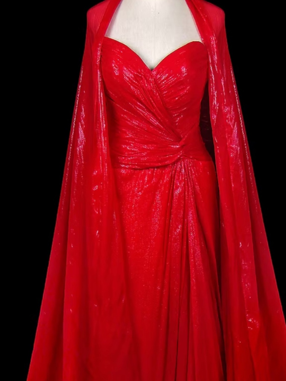 Vintage Bob Mackie Red Silk Chiffon Strapless Gown with Sheer Cape and Scarf XS